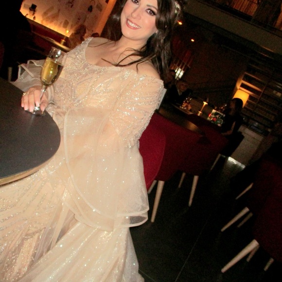 Champagne gold off the shoulder long sleeve floor length gown - Picture 15 of 15